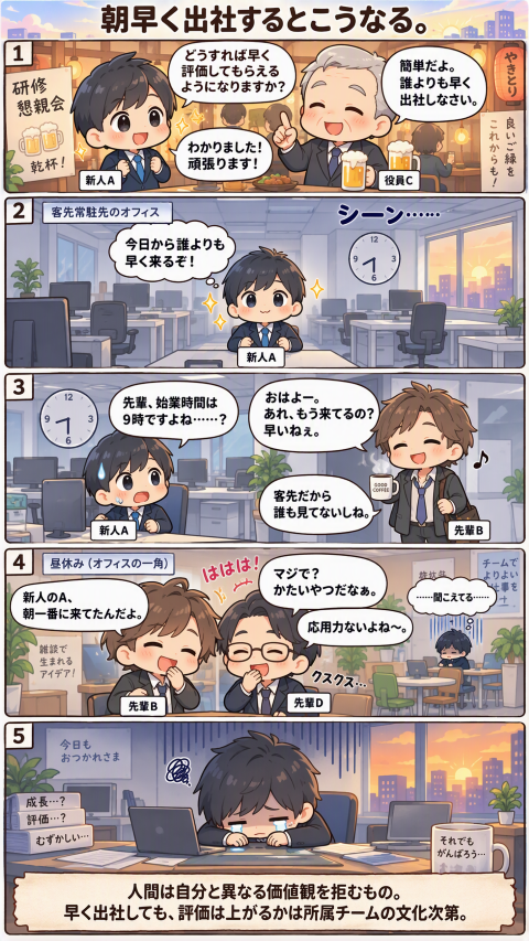 早く出社しても評価は上がらない編