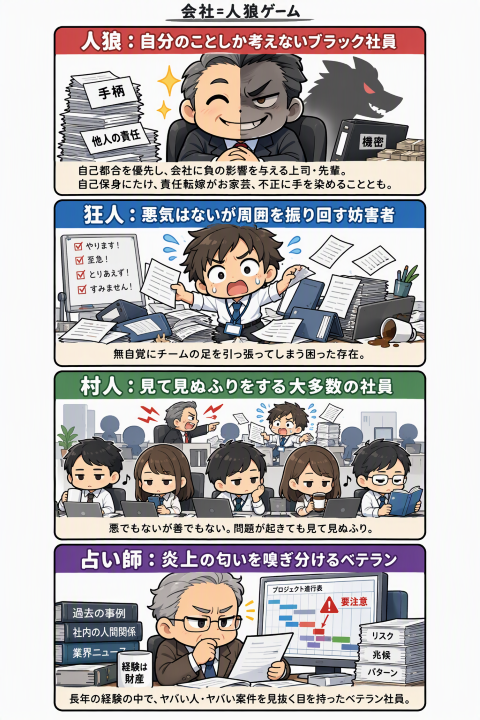 会社は人狼ゲーム 人狼・狂人・村人・占い師